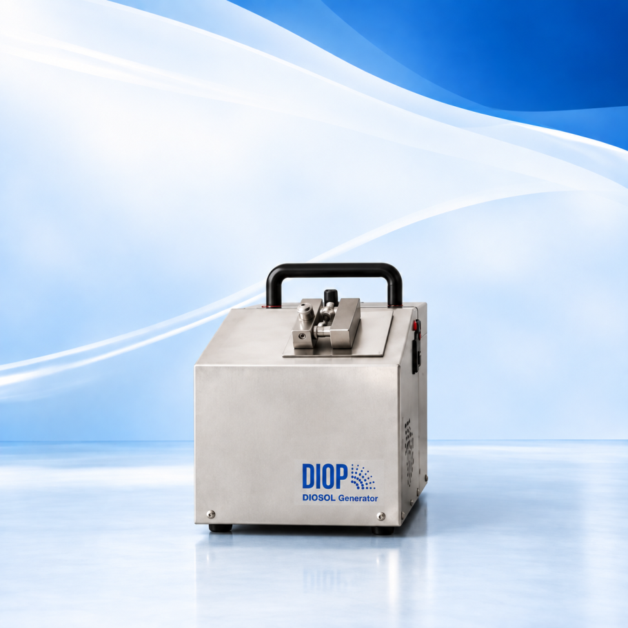 Kompakter silberner DIOP DiosolGenerator der MF-Geräteserie mit Tragegriff und Anschlüssen für die H₂O₂-Raumdesinfektion. 