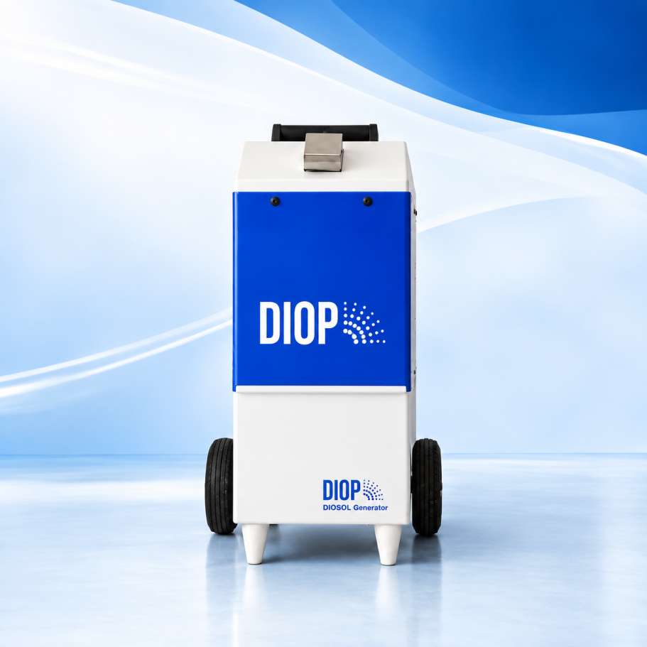 Blau-weißer DIOP DiosolGenerator in Standardausführung auf Rollen, abgebildet im Downloadbereich für Bedienungsanleitungen. 
